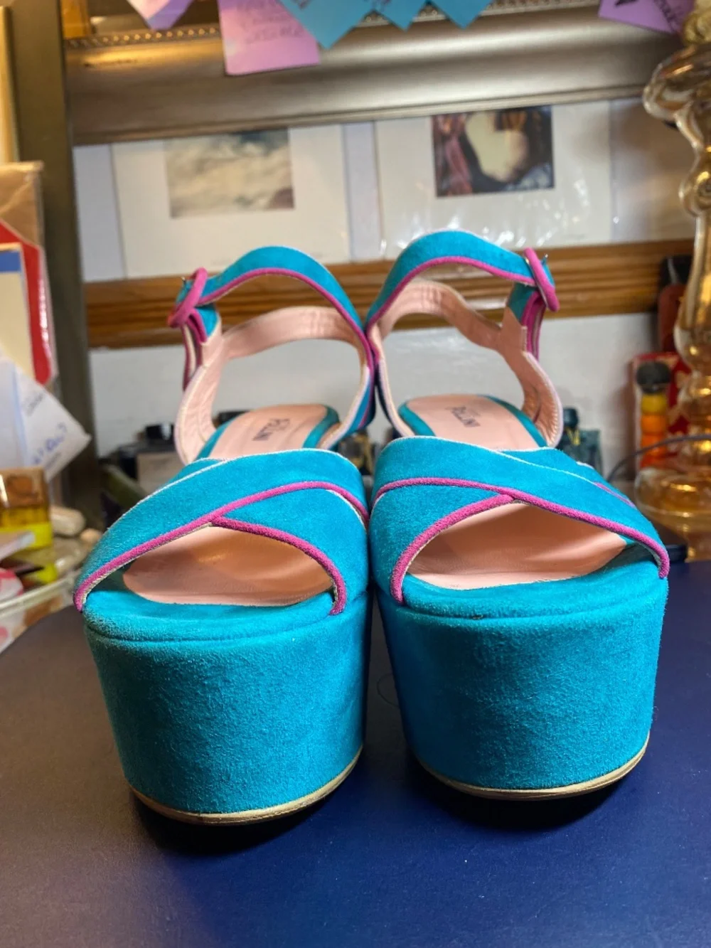 Studio Pollini Italy Turquoise Suede Colorblock Platform Wedge Sandals 38 US 8